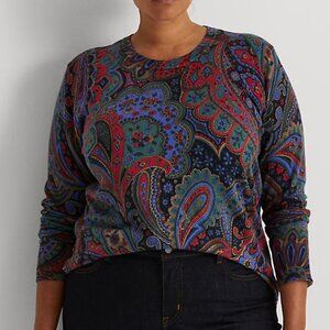 Lauren Ralph Lauren Women's 2X Paisley‎ Crewneck Sweater Cotton Blend Preppy